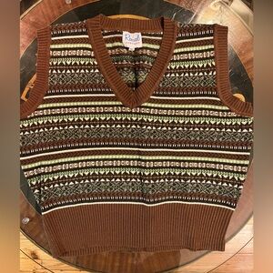 REVIVAL VINTAGE 1930’s/1940’s Retro UK Brown Fair Isle Wool Sweater Vest XL